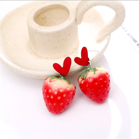 Realistic strawberry heart earrings with silver post for sensitive ears BOGO - Picture 4 of 13
